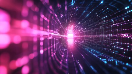 Abstract Digital Tunnel with Neon Lights, Futuristic Cyberpunk Vibe