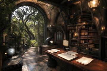 Fototapeta premium Enchanted library with a view. Sunlight streams through arched windows, illuminating bookshelves filled with ancient tomes, and a wooden desk, inviting you to explore hidden knowledge