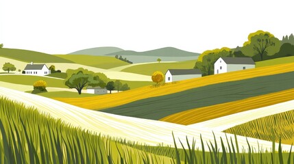 Vibrant Cotton Landscape with Rolling Hills and Farmhouses