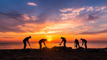 Non-profit volunteerism with social impact concept. Silhouetted workers harvesting on the beach at sunset.