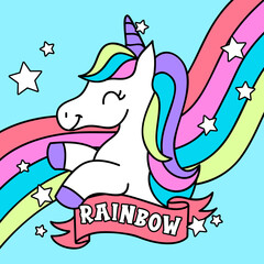 VECTOR ILLUSTRATION OF A RAINBOW WITH A UNICORN AND STARS