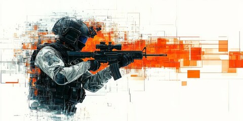 Heavily armed soldier stands ready for action in combat gear