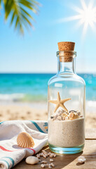 Obraz premium Glass bottle with sand and seashells on sunlit deck, summer nostalgia