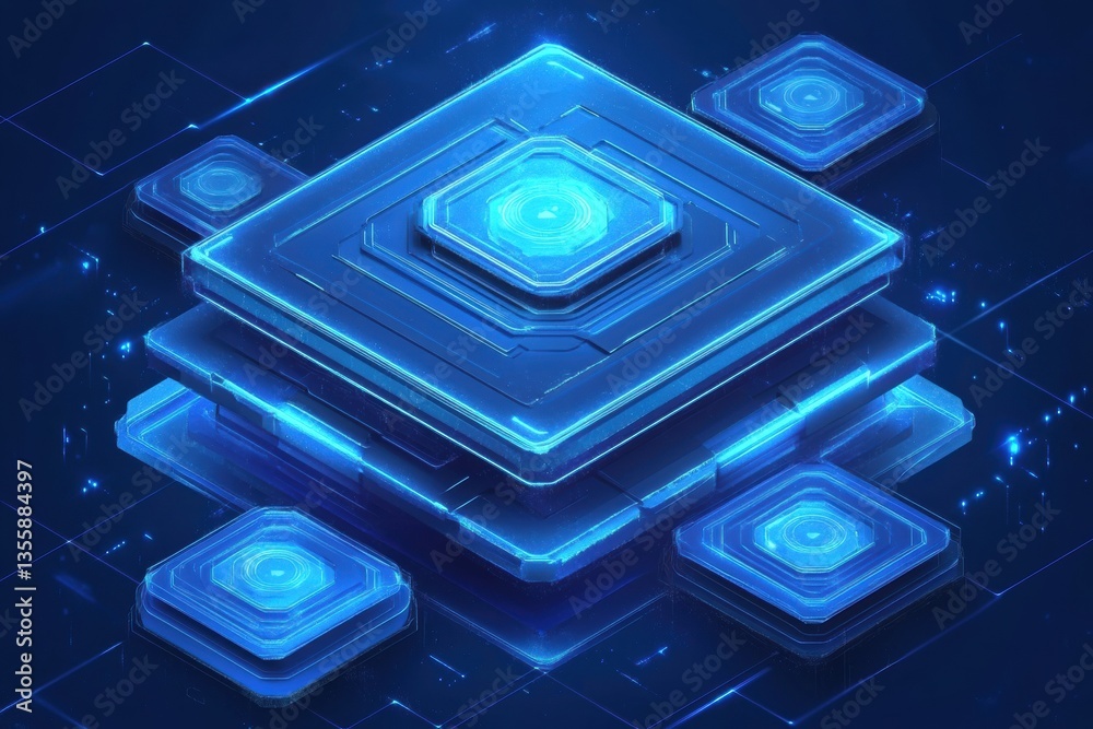 Poster High-tech blockchain concept with layered paper cut design and glowing blue nodes Generative AI