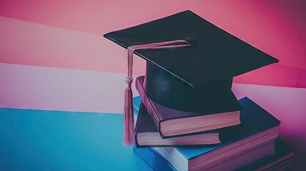 Graduation cap on books, transgender flag background, education success