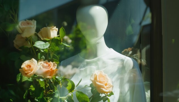 Floral display with mannequin boutique window fashion showcase urban setting close-up view aesthetic concept