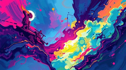 Obraz premium Abstract Artwork Featuring Person and Machine with Vivid Colors and Dynamic Style