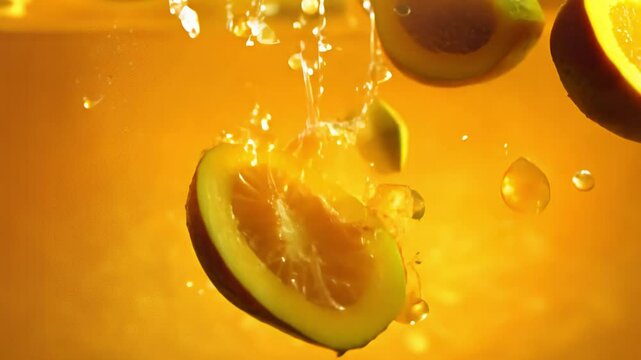 Super slow motion video of falling mango pieces into water, isolated on orange background, with rich, golden lighting