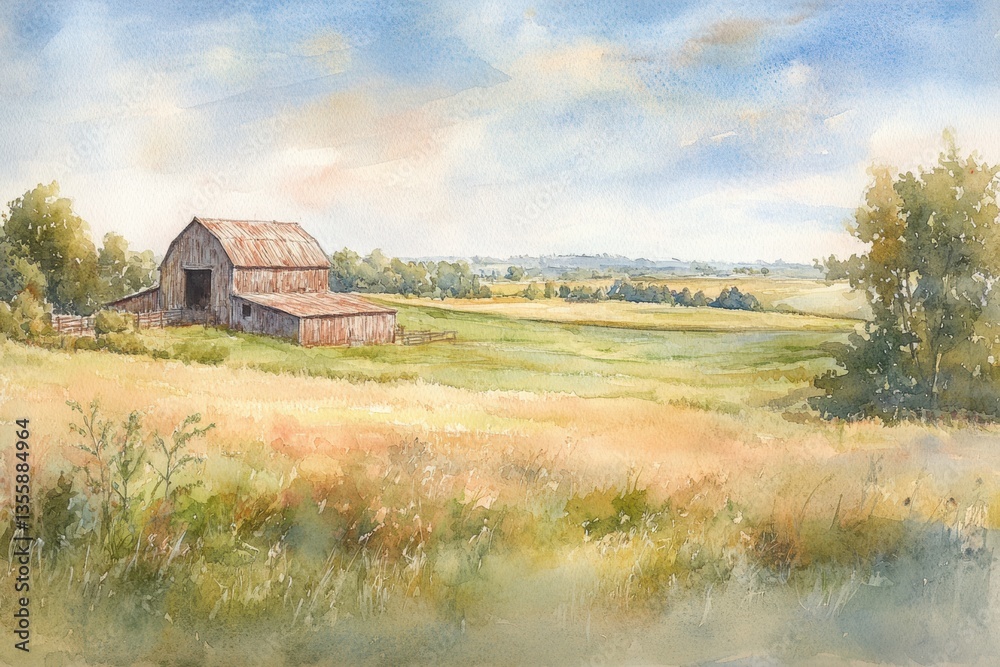 Poster delicate watercolor painting of a nostalgic farm with green fields and a rustic barn under a soft bl