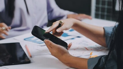 Website designer, Creative planning phone app development template layout framework wireframe design, User experience concept, Young asian woman UX designer working on smartphone application at office