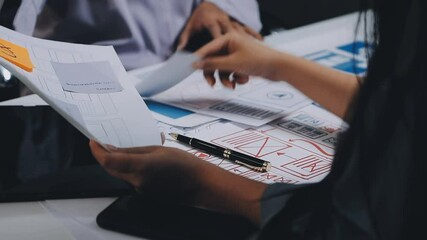 Website designer, Creative planning phone app development template layout framework wireframe design, User experience concept, Young asian woman UX designer working on smartphone application at office