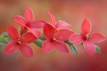 Obraz premium Five vibrant red flowers bloom on a green stem elegantly