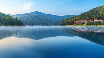 Serene Sunrise  Misty Mountain Lake Reflection