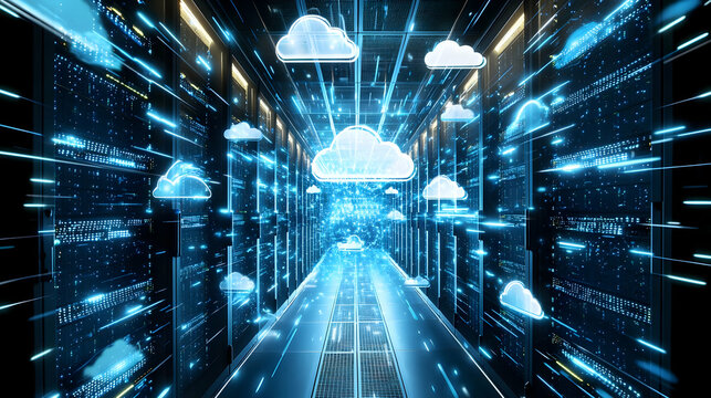 Abstract Futuristic Data Center with Glowing Blue Clouds and Servers