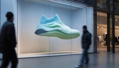 Innovative sneaker display urban retail space product showcase modern environment wide-angle view futuristic concept