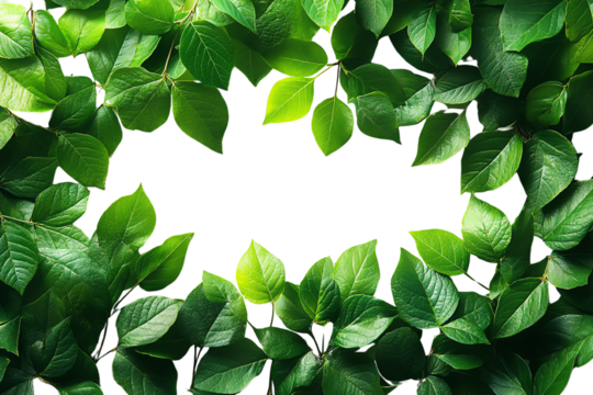Green leaves arranged in a border, creating a fresh and natural frame on a white background.