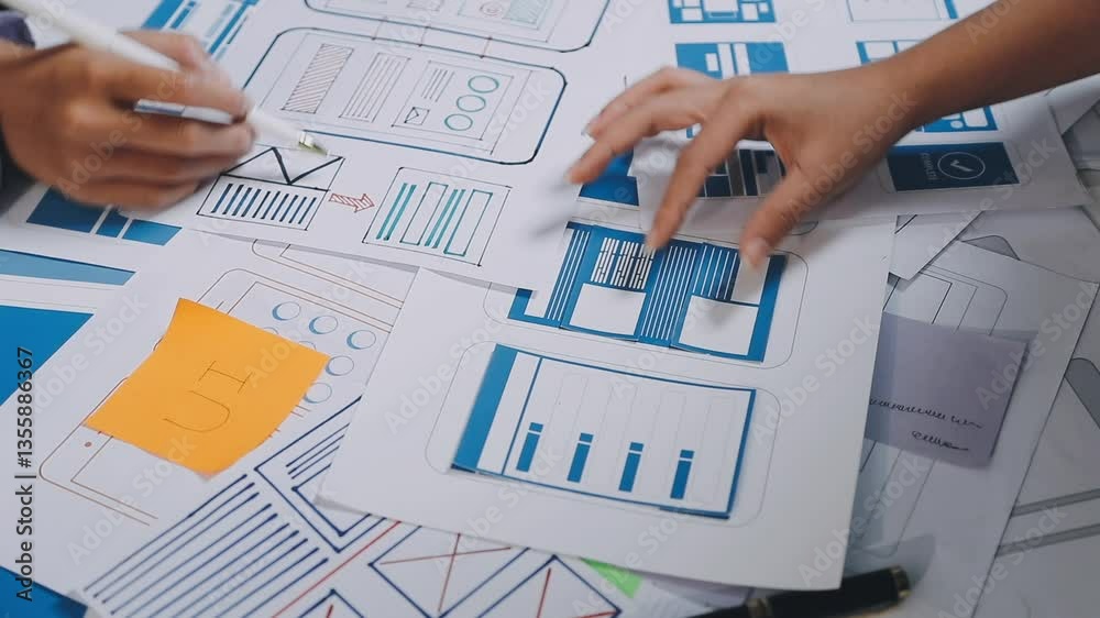Wall mural website designer, creative planning phone app development template layout framework wireframe design
