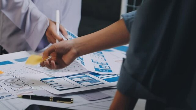 Website designer, Creative planning phone app development template layout framework wireframe design, User experience concept, Young asian woman UX designer working on smartphone application at office