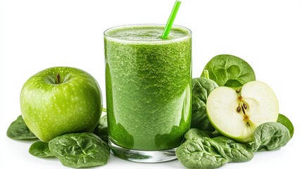 A fresh green smoothie icon with spinach, apple, and a straw, representing health and wellness, on a transparent white PNG background 