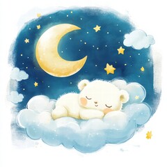 Dreamy Slumber: A charming illustration of a sleeping polar bear cub nestled on a cloud under the soft glow of the moon and stars, evoking a sense of tranquility and childhood innocence.
