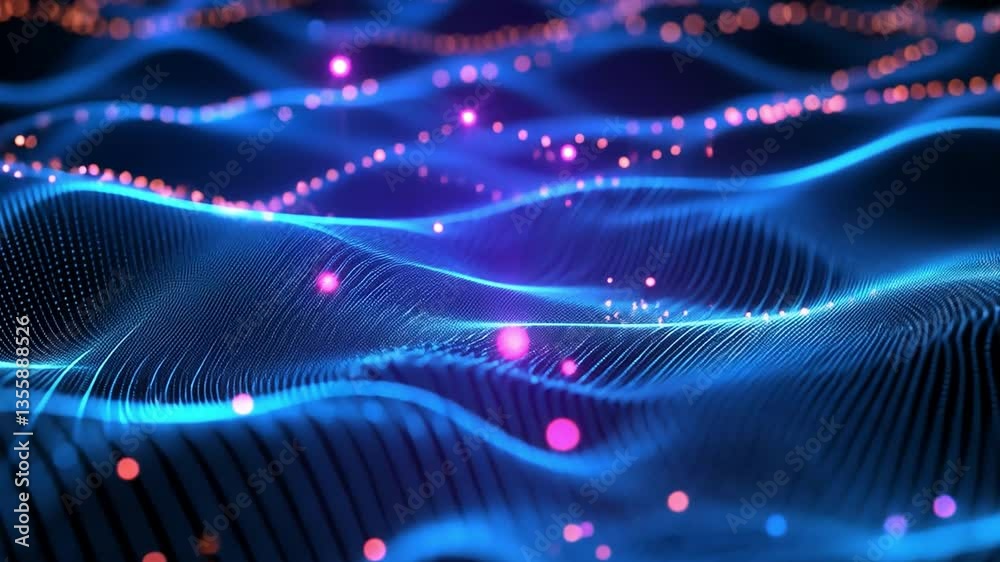 Poster digital flow: captivating visuals of vibrant digital data streams undulating in an abstract and mesm