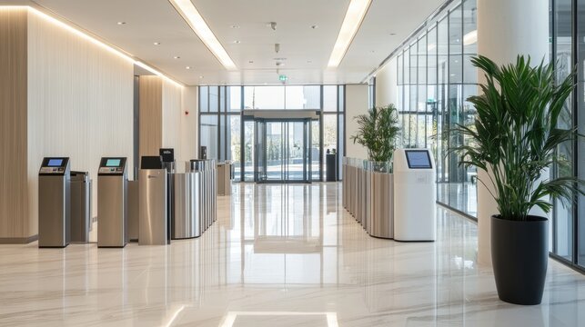 Bright entrance hall features automated security gates, sleek surfaces, and lush green plants enhancing the modern atmosphere of the space