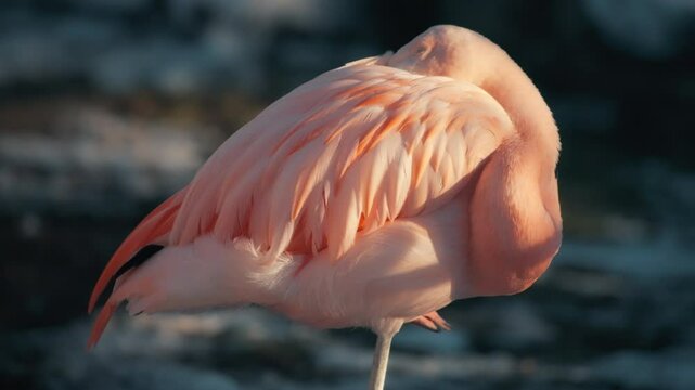 Close up of a pink flamingo sleeping in the sunset light