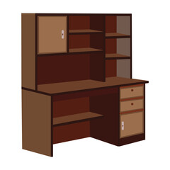 Wooden office desk with drawers and upper shelves in brown color isolated on white background