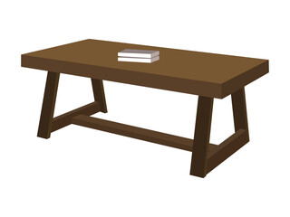 Wooden rectangular coffee table with angled legs and center support beam, books on tabletop