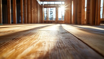 Warm Sunlight Illuminates New Home's Wooden Floor During Construction