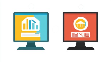 Colorful Illustrations of Computer Screens with Data Visualization Elements