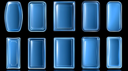 Neon glass frame collection with luminescent geometric elements—blue translucent shapes with radiant borders on a dark backdrop. Various rectangle, circle, and rounded designs with glowing edges.