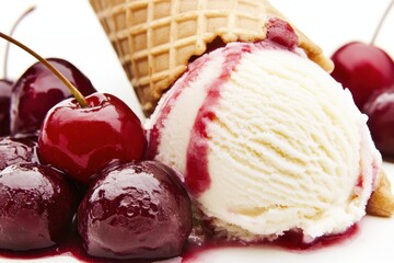 Delicious creamy ice cream with cherry topping in waffle cone on white background