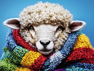 Cozy Sheep in Rainbow Scarf.