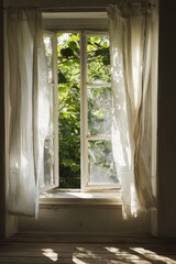 Obraz premium A gentle breeze flows through an open window. The soft curtains sway in the quiet room