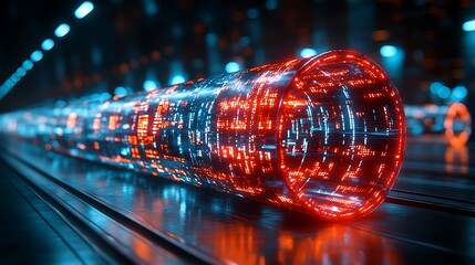 Glowing cylindrical digital data streams travel through a dark metallic tunnel