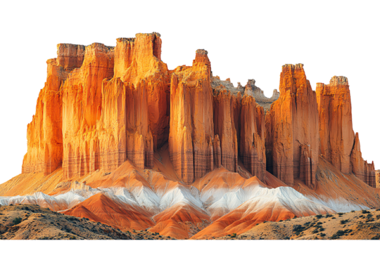 Majestic rock formation with towering cliffs and vibrant colors, set against a clear sky.