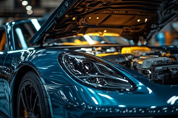 Shiny Teal Sports Car With Hood Opened And Engine Exposed