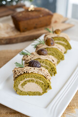 montblanc greentea swiss roll cake. chestnut cream cake.