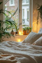 A peaceful bedroom with soft bedding and gentle fairy lights. The room feels like a calm retreat