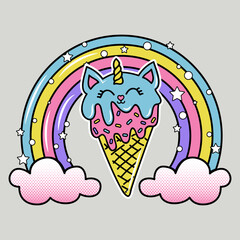 VECTOR ILLUSTRATION OF AN ICE CREAM CONE WITH A CAT AND A RAINBOW