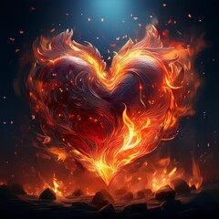 Flame fire heart isolated on black background.