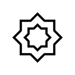 A minimalistic black outline icon of an Islamic geometric pattern with traditional motifs. Represents Islamic art, culture, spirituality, and Ramadan, symbolizing faith, heritage, and sacred ornament.