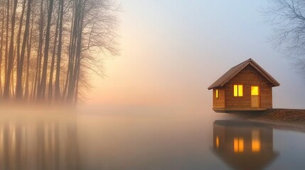 Misty sunrise over lake, small wooden house glows
