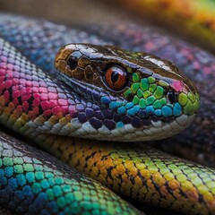 Fototapeta premium A rainbow-hued snake, its colors shifting like an oil slick.