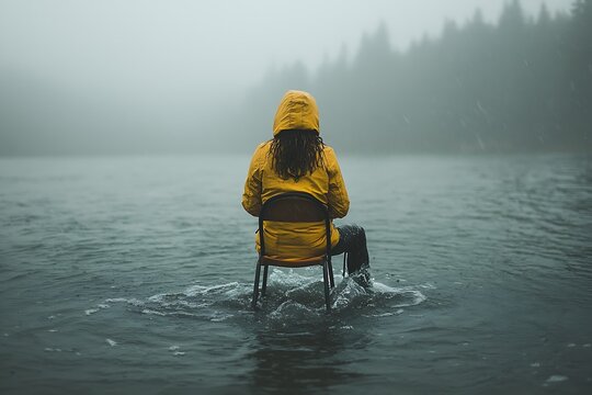 Woman sits in flooded lake.