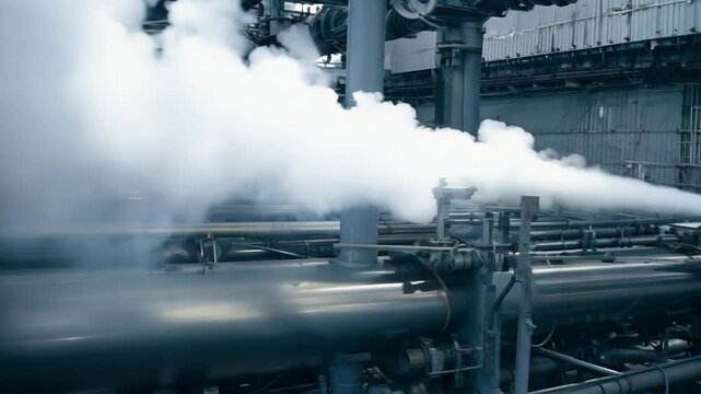 Tracking video along a pipe system in a refinery, with steam venting and dramatic side lighting creating strong contrasts and industrial textures