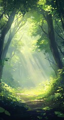 Fototapeta premium Sunlit Forest Path: Vibrant Green Canopy and Magical Ray of Light