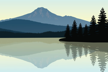 Serene Mountain Lake Reflection, Tranquil Wilderness Illustration, Scenic Nature Landscape of Pine Trees and Misty Mountains, Peaceful Outdoor Adventure.