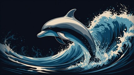 Dolphin's Majestic Leap: A dolphin breaches the ocean waves in a captivating illustration, embodying grace and freedom against a contrasting backdrop. 